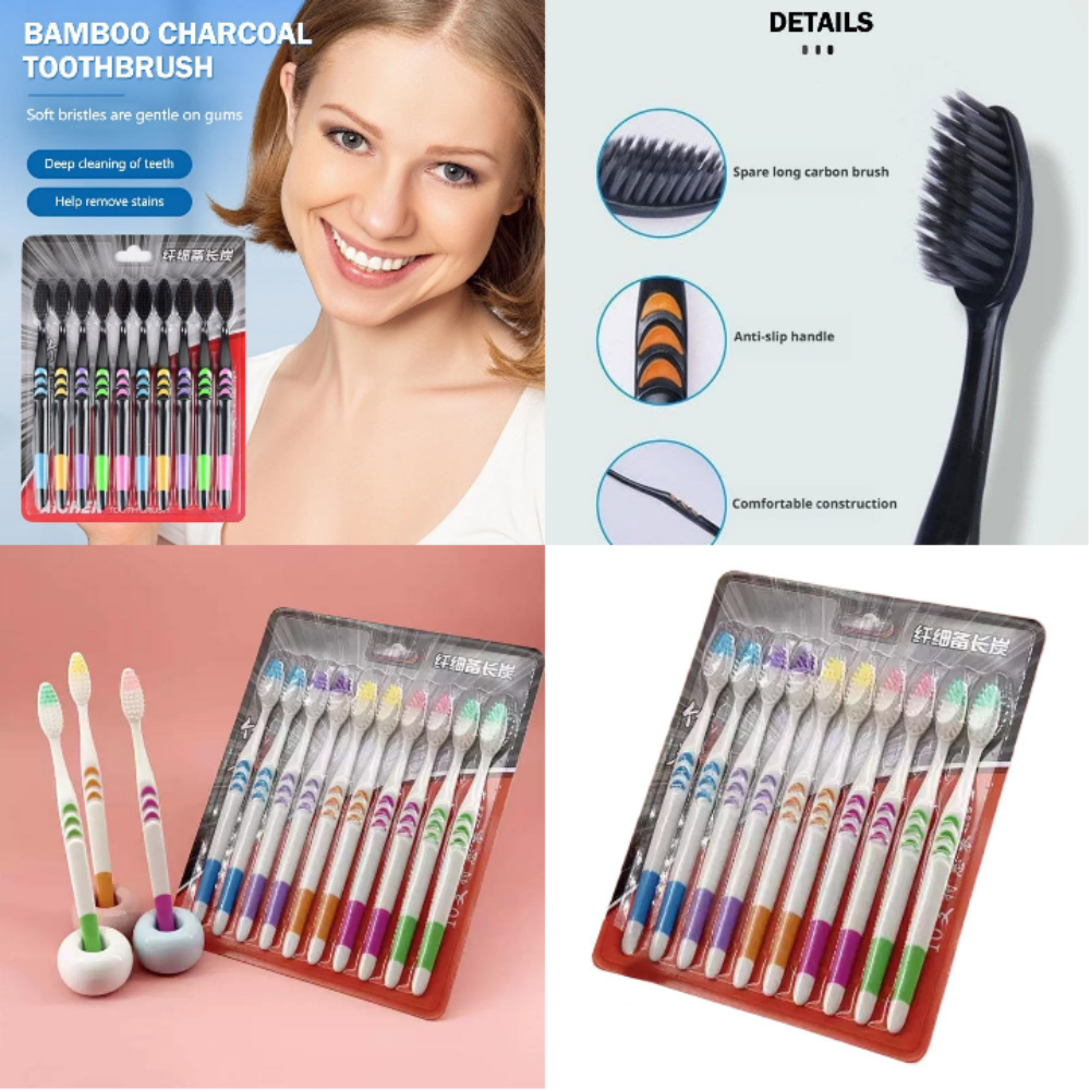 10PCS Toothbrush Natural Bambo - Teeth Whitening Charcoal avaliação e preço